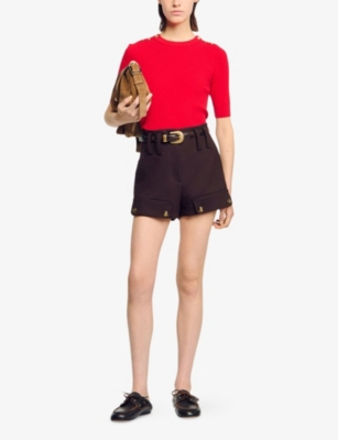 Sandro Womens Red Button-embellished Short-sleeved Stretch-knit Jumper In Red