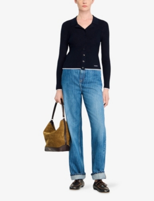 Sandro Womens Navy Blue Brand-embroidered Cropped Knitted Cardigan In Blue