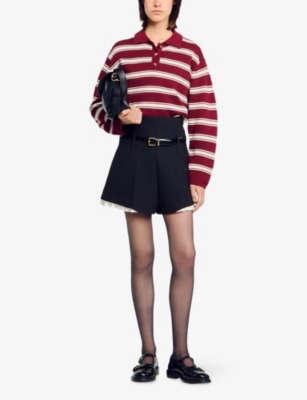 Sandro Womens Bordeaux Striped Polo-collar Wool-blend Jumper In Burgundy
