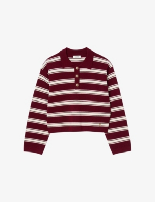 Sandro Womens Bordeaux Striped Polo-collar Wool-blend Jumper In Burgundy