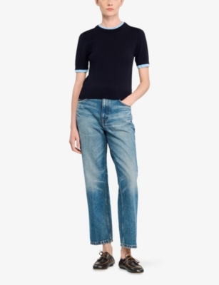 Sandro Womens Navy Blue Short-sleeved Knitted Wool Jumper In Blue