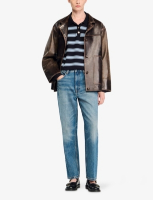 Sandro Womens Navy Blue Striped Long-sleeve Knitted Polo Sweater In Black