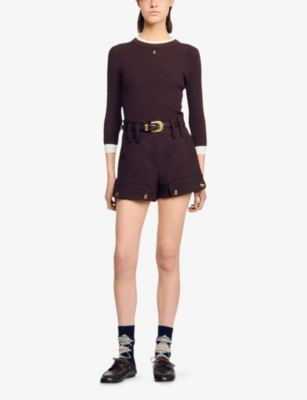 Sandro Womens Brown Brand-plaque Layered-trim Knitted Jumper In Brown