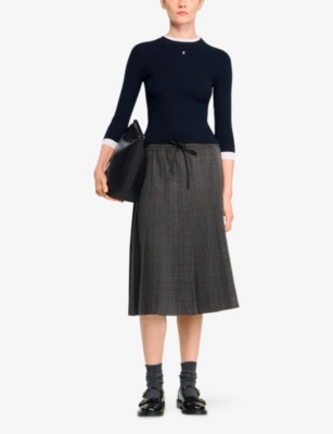 Sandro Womens Navy Blue Brand-plaque Layered-trim Knitted Jumper In Blue
