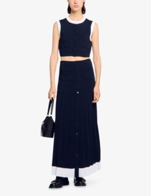 Sandro Womens Navy Blue Sleeveless Cropped Knitted Cardigan In Brown