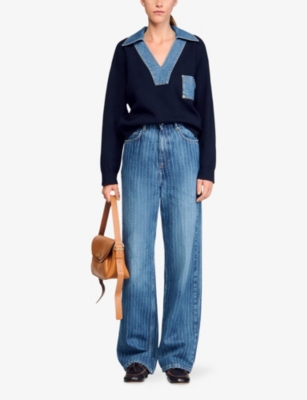 Sandro Womens Navy Blue Denim-detail Relaxed-fit Knitted Jumper In Blue