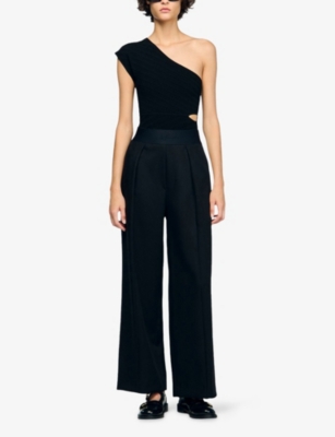 Sandro Womens Black One-shoulder Cut-out Stretch-knit Bodysuit In Black