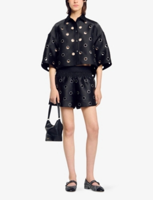 SANDRO: Rhinestone-Embellished Cut-Out Cropped Woven Shirt