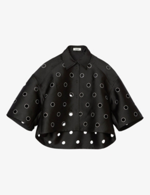 SANDRO: Rhinestone-Embellished Cut-Out Cropped Woven Shirt