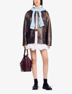Sandro Womens Black Brown Distressed Button-embellished Leather Jacket In Multi