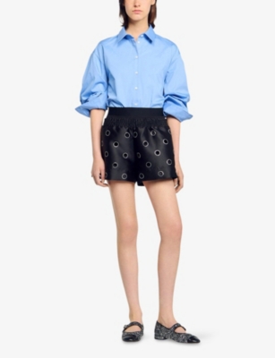 SANDRO: Rhinestone-Embellished Cut-Out Woven Shorts