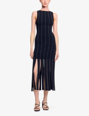 Sandro Womens Black Fringed Boat-neck Stretch-knit Maxi Dress In Black