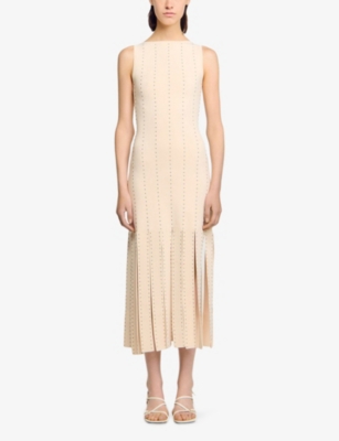 Sandro Womens Ecru Stud-embellished Fringed-hem Stretch-woven Maxi Dress In Neutral