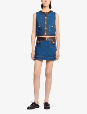 Sandro Womens Dark Blue Leather-trim Button-down Denim Top In Blue