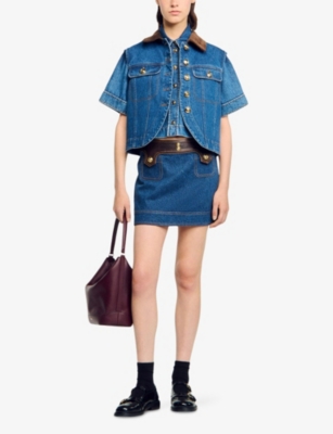 Sandro Womens Dark Blue Leather-trim Mid-rise Denim Mini Skirt In Blue