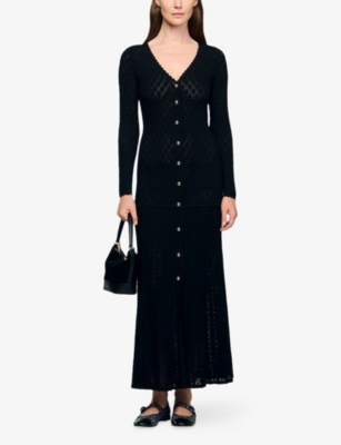 Sandro Womens Black Long-sleeve Flared Open-knit Maxi Dress In Black