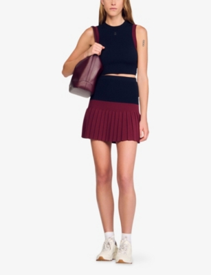 Sandro Womens Navy Blue Two-tone Pleated Knitted Mini Skirt In Blue