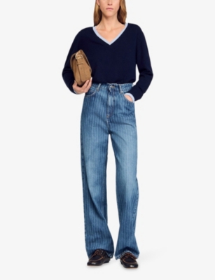 Sandro Womens Navy Blue V-neck Wool And Cashmere Jumper In Blue