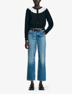 Sandro Womens Black Contrast-collar Button-down Knitted Cardigan In Black