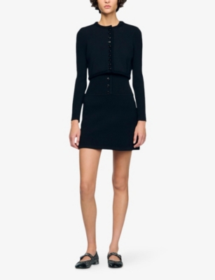 Sandro Womens Black Ribbed Cropped Knitted Cardigan In Black