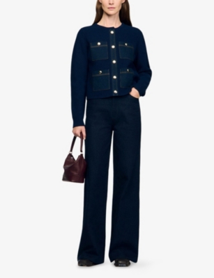 Sandro Womens Navy Blue Denim-pocket Ribbed Wool Cardigan In Blue