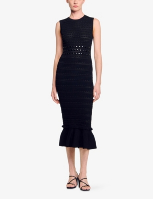 SANDRO: Sleeveless Stud-Embellished Knitted Midi Dress