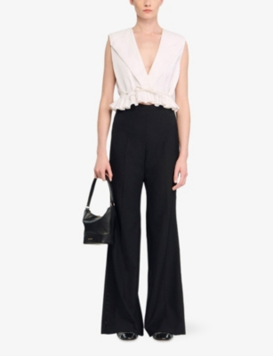 Sandro Womens Black Satin-stripe Flared-leg High-rise Wool-blend Trousers In Black
