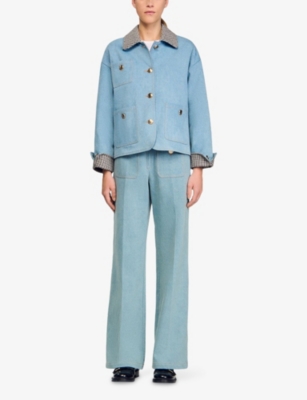 Sandro Womens Blue Jean Checked-collar Patch-pocket Denim Jacket In Blue