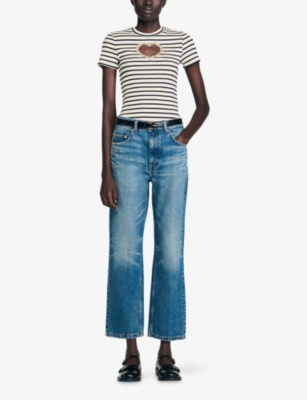Sandro Womens Ecru Striped Embellished-heart Stretch-cotton T-shirt In Neutral