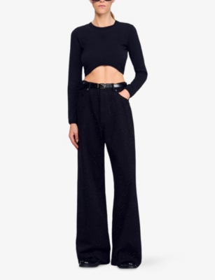 Sandro Womens Black Long-sleeve Cropped Stretch-cotton T-shirt In Black