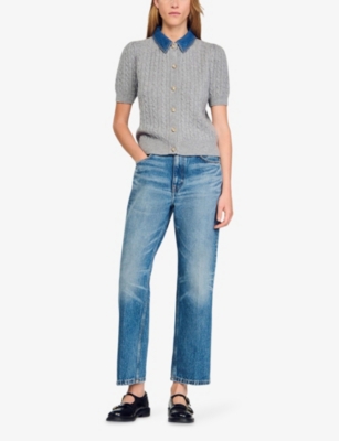 Sandro Womens Grey Denim-collar Short-sleeve Wool And Cashmere-blend Cardigan In Gray