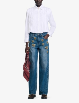 Sandro Womens White Pleated Cropped Cotton Shirt In White