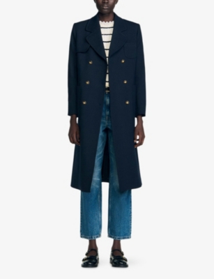 Sandro Womens Navy Blue Double-breasted Patch-pocket Stretch-twill Coat In Blue