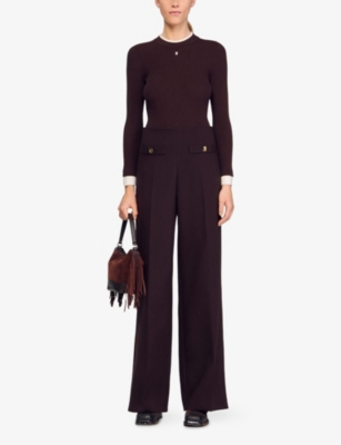Sandro Womens Brown Flared-leg High-rise Stretch-woven Trousers In Brown