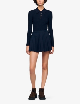 Sandro Womens Navy Blue Pleated High-rise Stretch-woven Mini Skirt In Blue