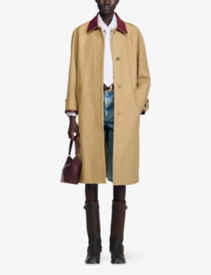 SANDRO: Leather-Collar Side-Pocket Cotton Coat