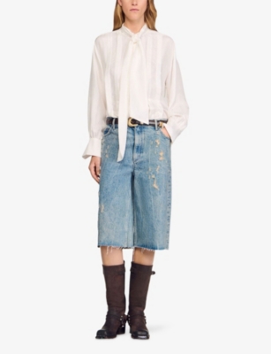 Sandro Pleated Tie-neck Silk Shirt In White