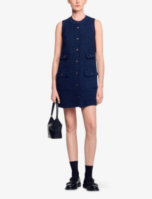 Sandro Womens Navy Blue Flap-pocket Sleeveless Tweed Mini Dress In Blue