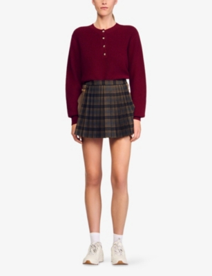 Sandro Womens Bordeaux Decorative Button Long-sleeve Wool-cashmere Blend Jumper In Burgundy