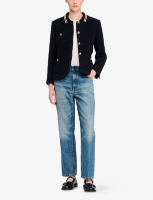Sandro Womens Black Stripe-collar Tweed Jacket In Black