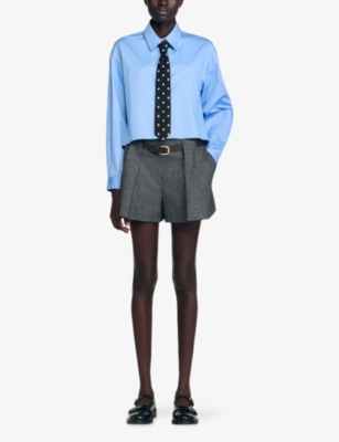 Sandro Womens Blue Removable-tie Cropped Cotton Shirt In Blue