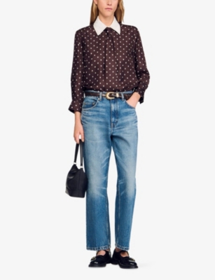 Sandro Geometric-print Tie-neck Shirt In Brown