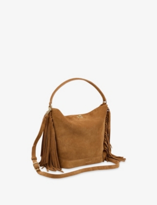 Sandro Womens Camel Logo-embossed Fringed Suede Bucket Bag In Brown