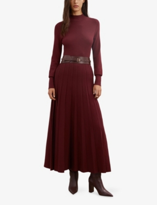 REISS: Alicia Belted Knit Pleated Midi Dress
