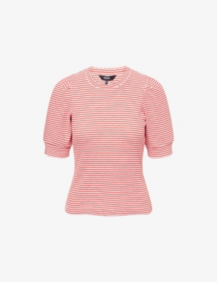 Me And Em And Em Womens Striped Puffed-sleeves Cotton-knit T-shirt Lipstick Red/soft Wh