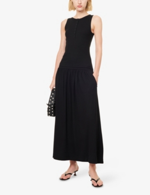 ME AND EM: Ribbed-Waist Pleated Stretch-Woven Maxi Skirt