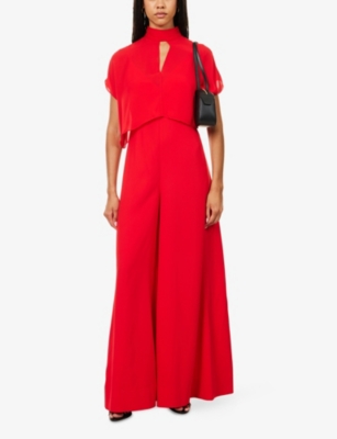 Me And Em And Em Womens Lipstick Red Draped Wide-leg Silk Jumpsuit In Red