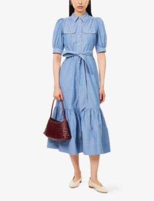 ME AND EM: Chambray Puff-Sleeve Belted Cotton Midi Dress