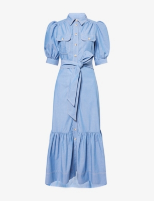 ME AND EM: Chambray Puff-Sleeve Belted Cotton Midi Dress