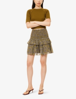 ME AND EM: Trailing Lotus Print Shirred Cotton Mini Skirt
